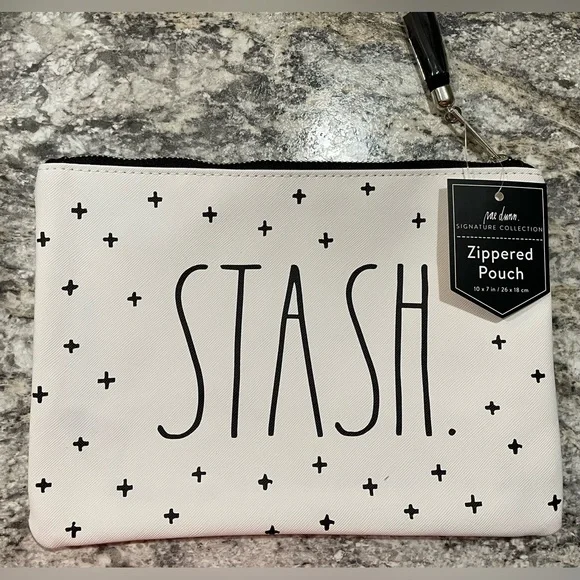 **LOT of FOUR** RAE DUNN White Zippered Faux Leather Cosmetic Bags - “Stash” - Picture 1 of 3